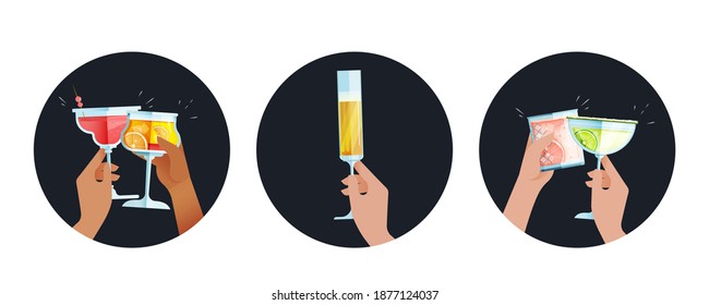 Cocktails Set. Modern Flat Vector Concept Illustrations. Badges with Hands Holding Cocktails. Social Media Ads.