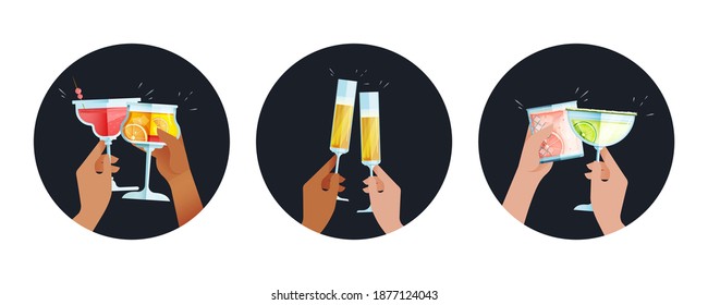 Cocktails Set. Modern Flat Vector Concept Illustrations. Badges with Hands Holding Cocktails. Social Media Ads.