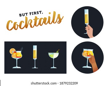 Cocktails Set. Modern Flat Vector Concept Illustrations. Kinds of Cocktails. Badge with Hands Holding Cocktails and Glass of Drink. Funny Quote. Social Media Ads.