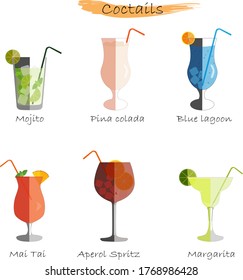 cocktails set, mojito, pina-colada, blue lagoon, mai tai, aperol Spritz, margarita, vector illustration