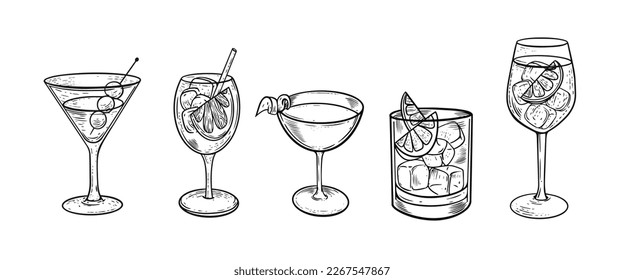 Cocktails set monochrome color engraving style vector illustration isolated on white background.