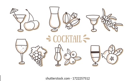 Cocktails set on an isolated background. Bar / pub, restaurant concept. Fruit cocktails in glasses, strawberries, grapes, sea buckthorn, mint, cherry. Menu design, website, story, beach. Vector.