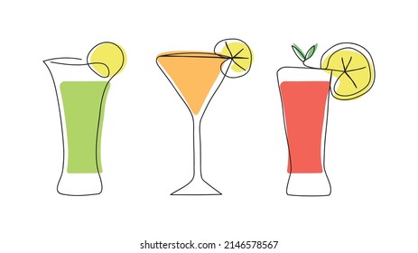 Cocktails set, one continuous line. Vector linear abstract illustration.