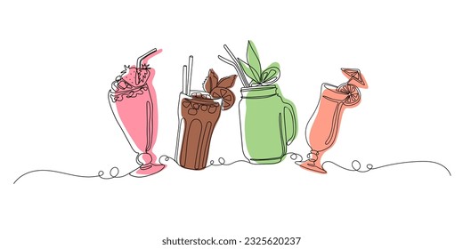 Cócteles con un estilo de arte continuo. Ilustración abstracta lineal vectorial. Fiesta, pub, restoraunt, elemento club para impresiones, textiles, carteles, tarjetas.  Cóctel de alcohol fresco y frío. 