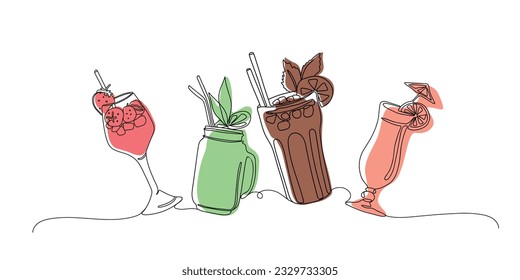 Cocktails set with one continuous line art style. Vector linear abstract illustration. Party, pub, restoraunt, club element for prints, textile, posters, cards. Fresh and cold alcohol coctail.