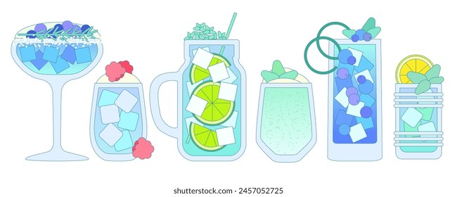 Cocktails set. Soft drinks with berries, ice cubes, lime, lemon, raspberries. Milkshake. Fruit lemonade. Alcohol drink for bar. Non-alcoholic beverage. Flat vector illustration with outline, gradient