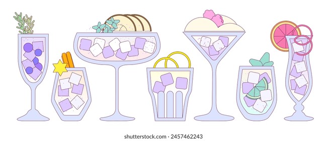 Cocktails set. Soft drinks with ice cubes, citrus, coconut, cinnamon. Milkshake. Purple summer cocktail. Alcohol drink for bar. Non-alcoholic beverage. Flat vector illustration with outline, gradient