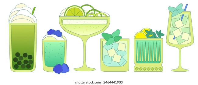 Cocktails set. Soft drinks with ice cubes, lime, mint. Ginger tea. Bubble tea. Green cocktail. Alcohol drink for bar. Non-alcoholic beverage. Flat vector illustration with outline, gradient