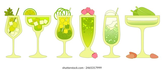 Cocktails set. Soft drinks with ice cubes, berries, citrus, grapes. Margarita. Green cocktail. Smoothie. Alcohol drink for bar. Non-alcoholic beverage. Flat vector illustration with outline, gradient