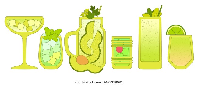 Cocktails set. Soft drinks with ice cubes, avocado, nuts. Margarita. Green cocktail Smoothie. Milkshake. Alcohol drink for bar. Non-alcoholic beverage. Flat vector illustration with outline, gradient