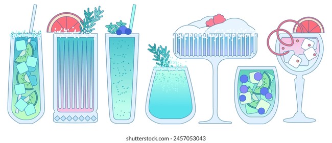 Cocktails set. Soft drinks with lime, ice cubes, mint. Margarita cocktail. Refreshing summer lemonade. Alcohol drink for bar. Non-alcoholic beverage. Flat vector illustration with outline, gradient