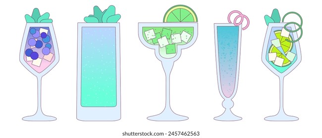 Cocktails set. Soft drinks with lime, ice cubes, mint. Margarita cocktail. Refreshing summer lemonade. Alcohol drink for bar. Non-alcoholic beverage. Flat vector illustration with outline, gradient