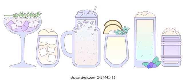 Cocktails set. Soft drinks with milk, coconut cream. Milkshake. Milky summer cocktail. Alcohol drink for bar. Non-alcoholic beverage. Flat vector illustration with outline, gradient