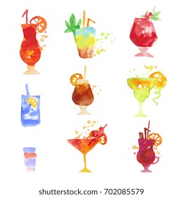 Cocktails set, summer drinks colorful watercolor vector Illustrations