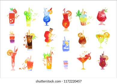 Cocktails set, summer drinks watercolor vector Illustrations