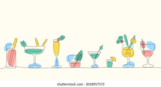 Cocktails set in trendy one continuous line style. Party, pub, restoraunt or club element. fresh and cold alcohol coctail. Vector linear abstract illustration.