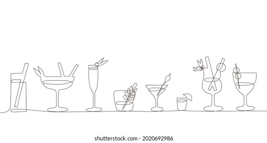 Cocktails set in trendy one continuous line art style. Party, pub, restoraunt, club element for prints, textile, posters,cards etc. fresh and cold alcohol coctail. Vector linear abstract illustration.