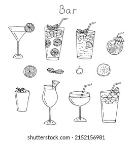 Cocktails set vector illustration, hand drawing doodles