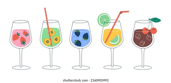 Cócteles. Ilustración vectorial de cócteles de verano con fresas, mora, lima, cereza. Ilustración vectorial de bebidas estilizadas con frutas.