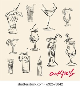 cocktails, sketch hand drawn cocktails set