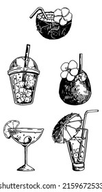 Cocktails sketches collection. Retro drawings of fresh summer beverages. Hand drawn vector illustrations. Cliparts set isolated on white.