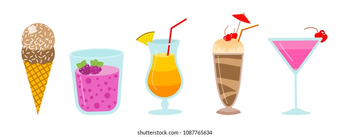 Cocktails or smoothies in a glass. Chocolate and raspberry drink. Orange and cherry juice. Ice ice cream in the horn. Tropical food for diet and health. Organic Vitamin for Vegetarians