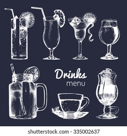 Cocktails, soft drinks and glasses for bar, restaurant, cafe menu. Hand drawn different beverages vector illustrations set: lemonade, coffee, tea, mojito, margarita, beer, pina colada.