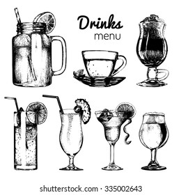 Cocktails, soft drinks and glasses for bar, restaurant, cafe menu. Hand drawn different beverages vector illustrations set: lemonade, coffee, tea, mojito, margarita, beer, pina colada.