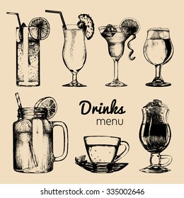 Cocktails, soft drinks and glasses for bar, restaurant, cafe menu. Hand drawn different beverages vector illustrations set: lemonade, coffee, tea, mojito, margarita, beer, pina colada.