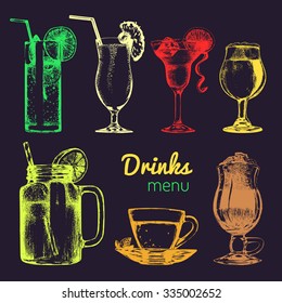 Cocktails, soft drinks and glasses for bar, restaurant, cafe menu. Hand drawn different beverages vector illustrations set: lemonade, coffee, tea, mojito, margarita, beer, pina colada.