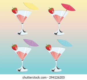 Cocktails with strawberries. Summer Sun Party background. Vector