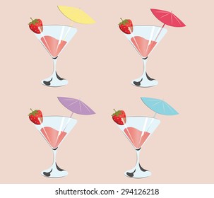 Cocktails with strawberries. Summer Sun Party background. Vector