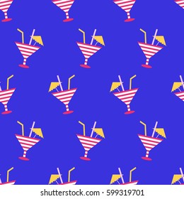Cocktails summer seamless pattern on neon blue background. 80s, 90s retro style. Fashion textile design, geometric shapes. Vector illustration