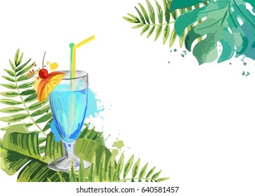 Cocktails. Summer tropical cocktail background with palm leaves.