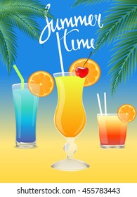 Cocktails. Summer tropical coctail poster with palm leaves.