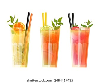 Cocktails in tall glasses. Set of 3 summer illustrations isolated on white background. Vector illustration.