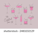 Cocktails time set with glasses drawing in retro style on pink background