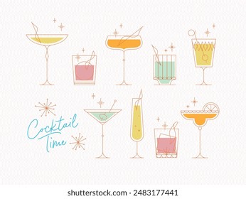 Cocktails time set with glasses drawing in retro style on light background