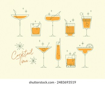 Cocktails time set with glasses drawing in retro style on yellow background