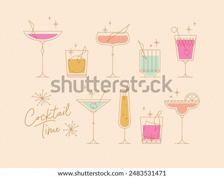 Cocktails time set with glasses drawing in retro style on beige background