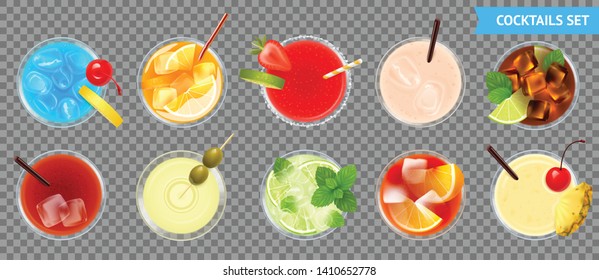 Cocktails top view transparent set with fruit realistic isolated vector illustration