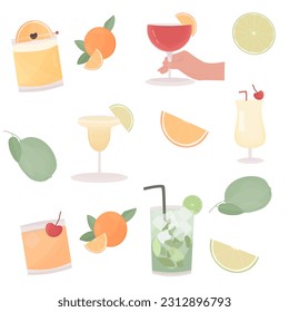 Cocktails un fruits vector set.  Pina colada, mojito, negroni, old fashioned, whiskey sour and margarita cocktails set.