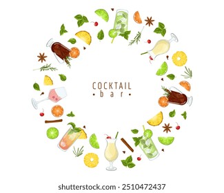 Cocktails vector frame. Circle composition with pina colada, mojito, mai tai, gluhwein, champagne and tropical fruits. Banner design for bar, party, menu, restaurants on white background