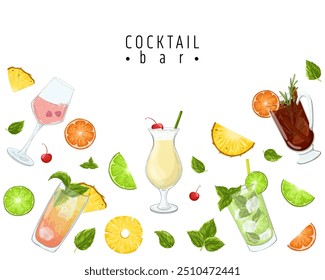 Cocktails vector frame. Square composition with pina colada, mojito, mai tai, gluhwein, champagne and tropical fruits. Banner design for bar, party, menu, restaurants on white background