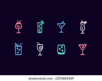 Cocktails vector icon set. Alcohol drinks glasses icons. 
