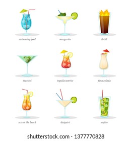 Cocktails vector illustrations set. Summer drinks, party alcoholic beverages isolated design elements pack. Mojito, pina colada, margarita in glasses with straws. Martini, daiquiri with titles