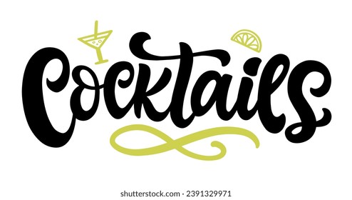 Cocktails vector logo badge hand written lettering, modern calligraphy logotype inscription for club, menu. Vintage retro style.