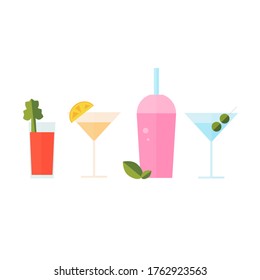 Conjunto vectorial de cócteles. Bebidas alcohólicas y no alcohólicas, como vermouth, maría sangrienta, cóctel tropical y batido de leche. Bebidas para el diseño del menú, impresión de verano, afiche, fiesta. Ilustración plana aislada.
