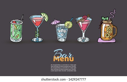 Cocktails Vector Set For Menu Design, Bars, Restaurants, Cafes, Parties. Colored Sketch Of Alcoholic Coctail Beverages. Long Island, Margarita, Mojito, Daiquiri, Pina Colada, B-25 Coctailed Drinks.