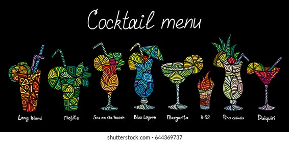 Cocktails Vector Set For Menu Design, Bars, Restaurants, Cafes, Parties. Alcoholic Beverages. Long Island, Margarita, Mojito, Sex On The Beach, Blue Lagoon, Daiquiri, Pina Colada, B-25.